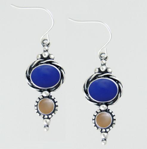 Sterling Silver Drop Dangle Earrings With Blue Onyx And Peach Moonstone